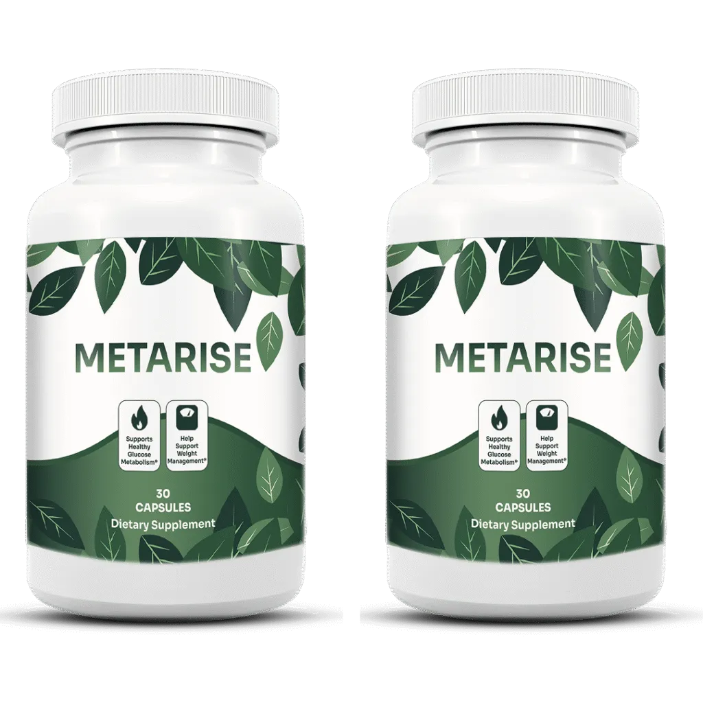 MetaRise supplement bottles — 30 vegetarian capsules per bottle
