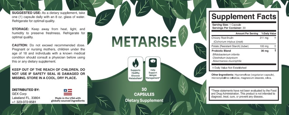 MetaRise supplement facts label showing chicory root inulin 211 mg, potato resistant starch 100 mg, and 36 mg probiotic blend